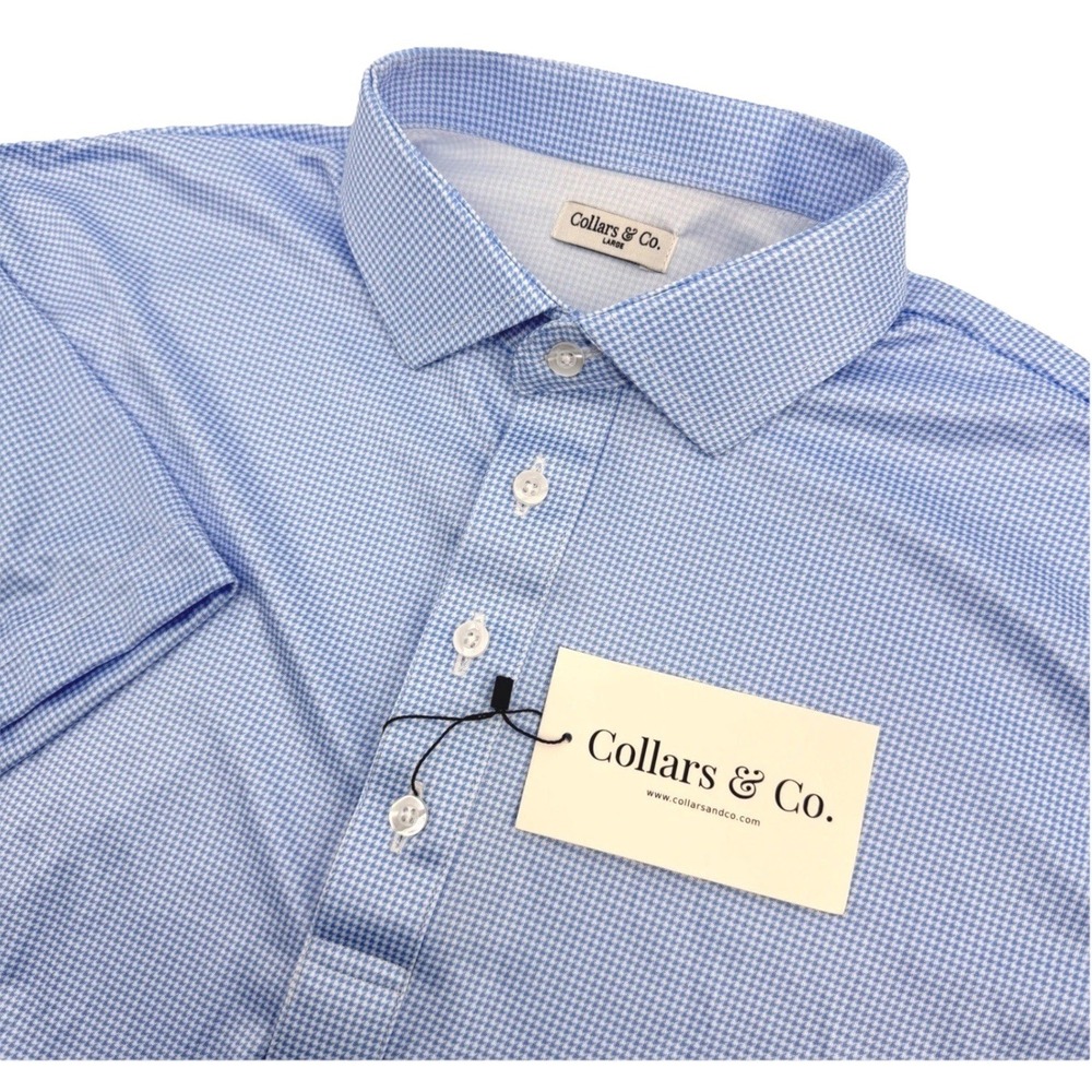 Collars & Co. Polo Shirt Mens L Blue Houndstooth Dress Collar Short Sleeve NEW